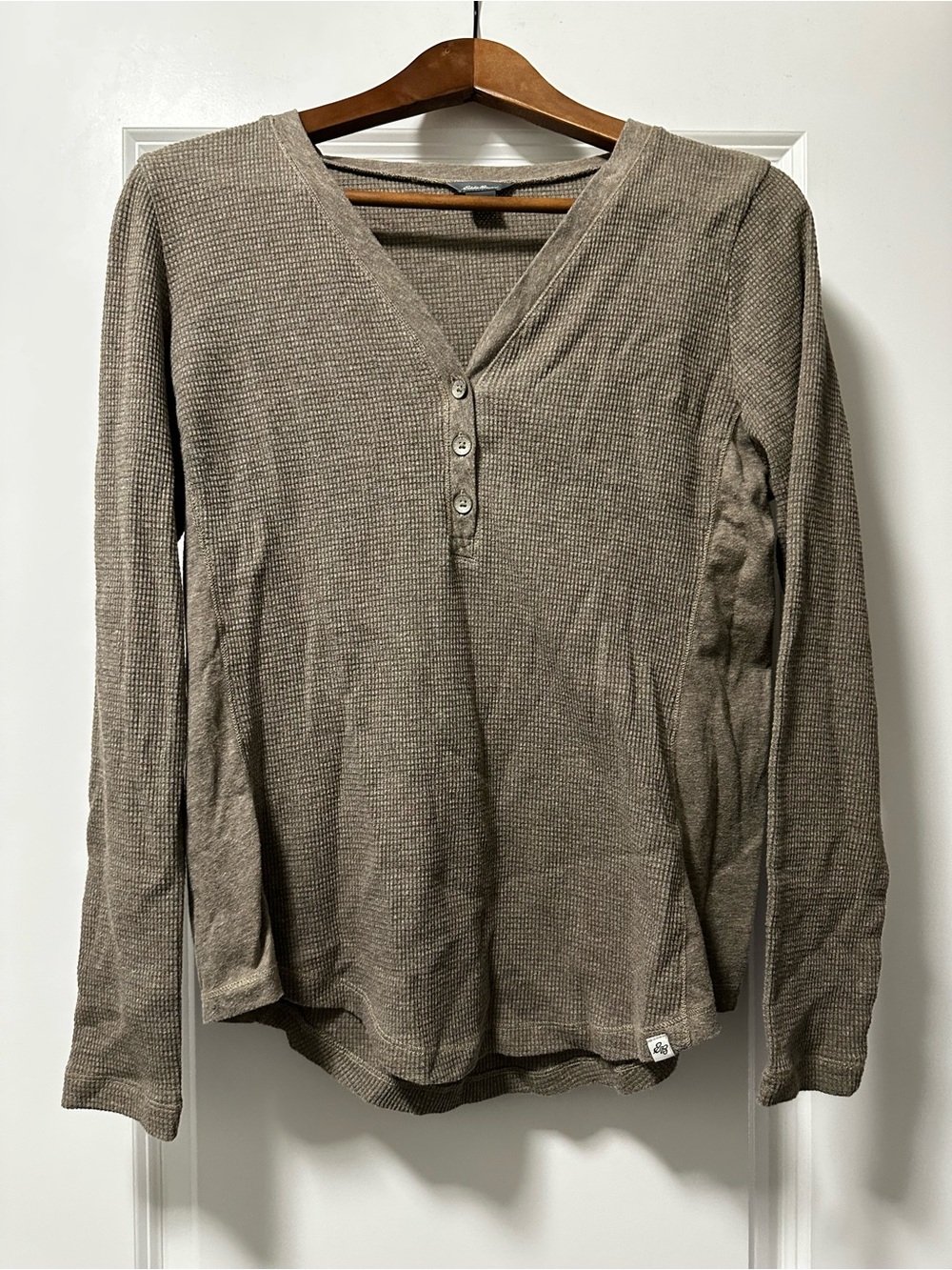 Eddie Bauer Taupe Waffle Henley Long Sleeve Top